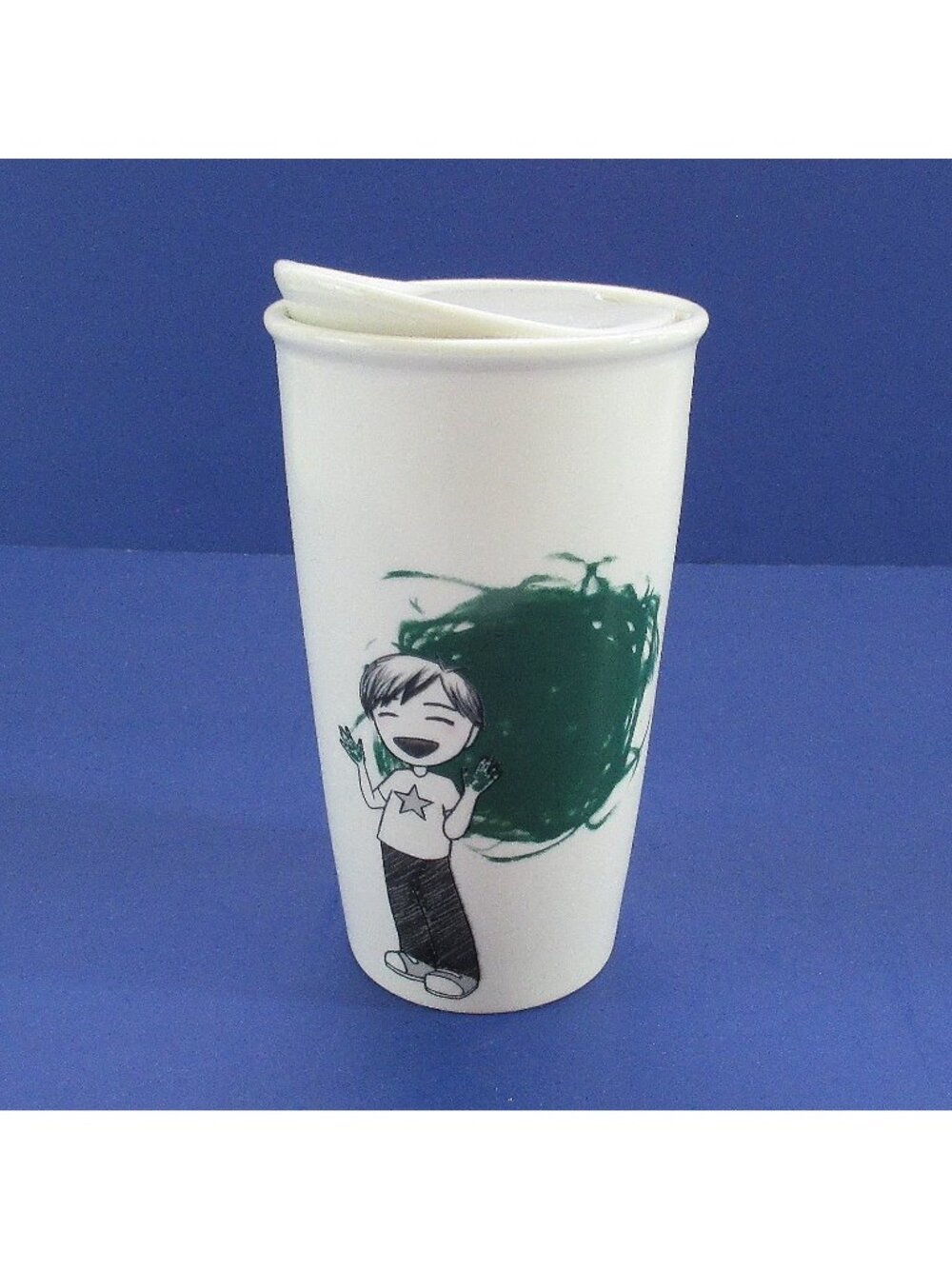 Starbucks 2015 Dot Collection "Green Finger Paint Boy" Ceramic Travel Tumbler